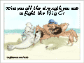 A Seal with a Popeye mimic on a beach is doing some arm wrestling with a giant monster crab: “Wish you all the strength you need to fight the Big C!”