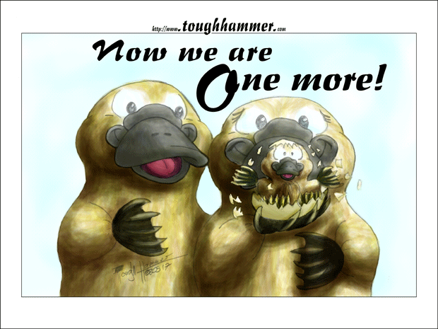 A Platypus with a hatching platypus baby: “Now we are one more!”