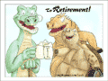 Alligator, dracaena and tortoise clink their feeding cup together and drink a toast to retirement.