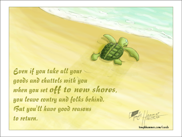 Little turtle crawling into the sea: “Even if you take all your goods and chattels with you when you set off to new shores, you leave contry and folks behind. But you'll have good reasons to return.”