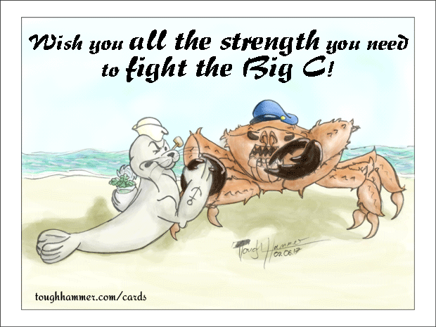 A Seal with a Popeye mimic on a beach is doing some arm wrestling with a giant monster crab: “Wish you all the strength you need to fight the Big C!”