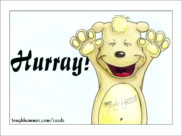 Happy teddy with his hands in the air: “Hurray!&rduo;