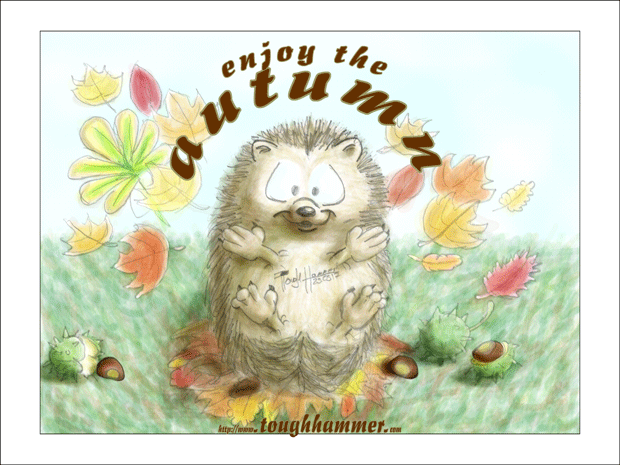 Hedgehog in a leaf heap throwing up leaves: “enjoy the autumn”