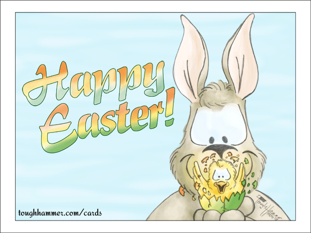 Chick hatching from an egg in the palm of a bunny: “Happy Easter!”