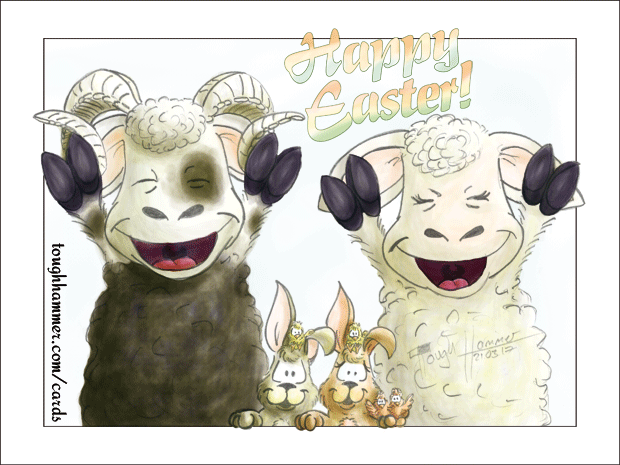Cheerful sheep, bunnies and chicks: “Happy Easter!”