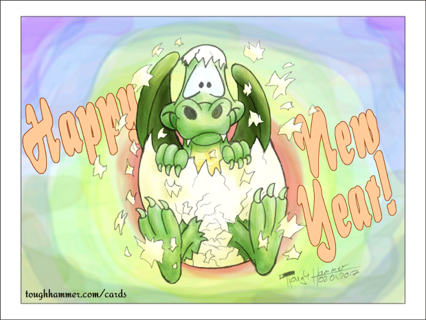 Dragon hatching from an egg: “Happy New Year!”