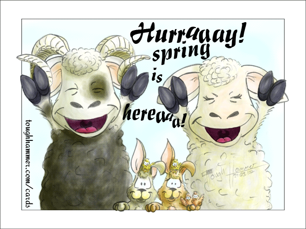 Cheerful sheep, bunnies and chicks: “Hurraaay! spring is hereaaa!”