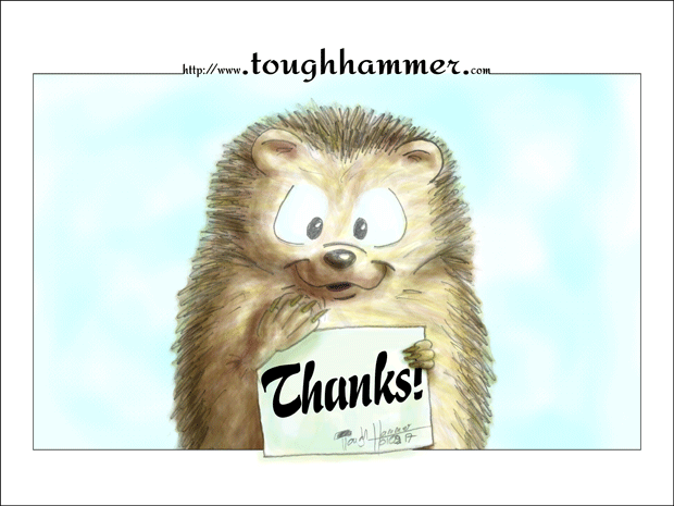 Hedgehog with sign it its hand: “Thanks!”