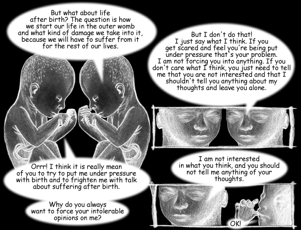 keywords: Tough Hammer Cartoon The Lonly Thought Of Being Embryo Fetus Question Life Womb Damage Suffer Pressure Birth Forcing Force 