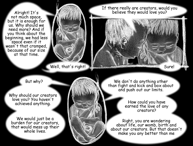 keywords: Tough Hammer Cartoon The Lonly Thought Of Being Embryo Fetus Space Beginning Creators Belief Love Achieve Achievment Lives Fight Kick Box Push Limits Womb Birth