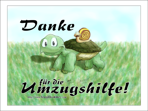 Schnecke auf einer Schildkröte: “Danke für die Umzugshilfe!”