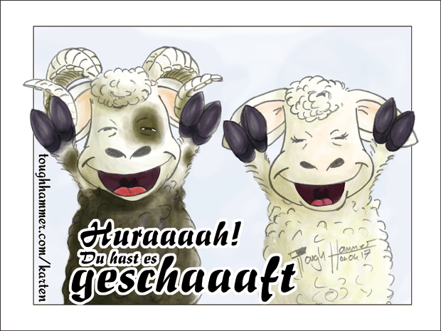 Schafe mit hochgestreckten Armen: “Huraaah! Du hast es geschaaaft!”