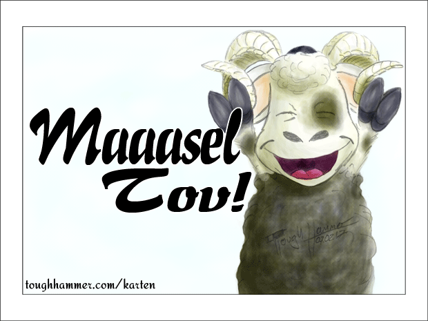 Schafsbock mit hochgestreckten Armen: “MAAAsel Tov!”