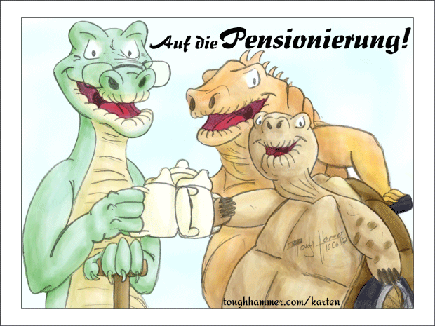 Alligator, Drachenechse und Schildkröte stossen mit Schnabeltasse auf die Pensionierung an.