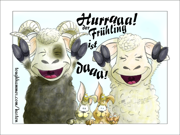 Fröhliche Schafe, Kaninchen und Küken: “Hurraaa! der Frühling ist daaa!”