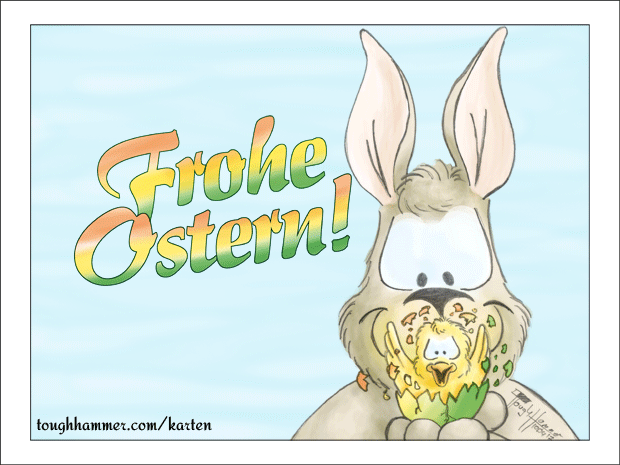 Kaninchen mit einem Ei in der Hand aus dem ein Küken schlüpft: “Frohe Ostern!”