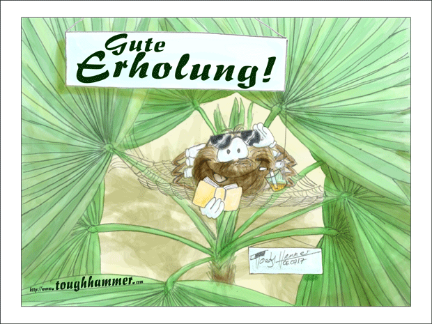 Zwischen Palmenblättern in einer Spinnennetzhängematte lehnt sich eine Spinne zurück: “Gute Erholung!”